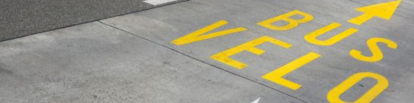 Une route fléchée avec des indications Bus et Velo