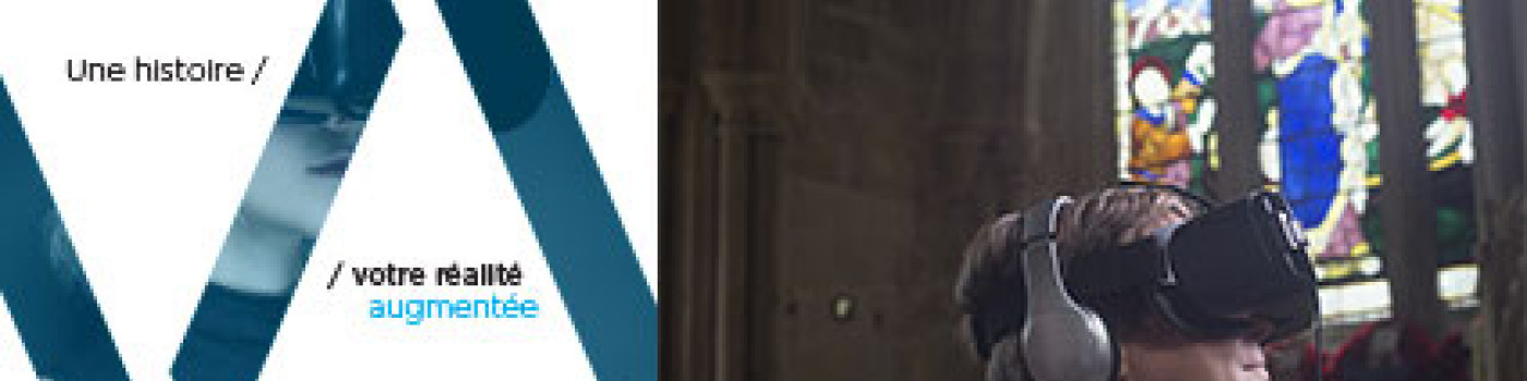 Une femme avec un casque VR dans la Cathédrale d'Exeter (Royaume-Uni) pour le projet VISTA-AR